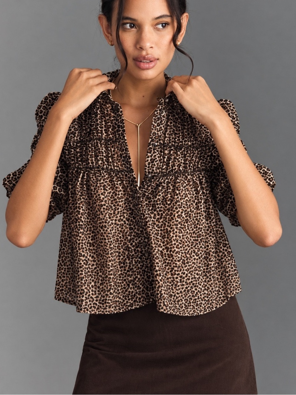 Maeve Leandra Velvet Shirred Yoke Blouse Animal Print Brown & Black Medium NWT